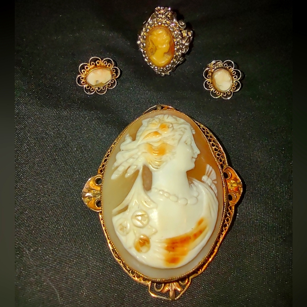 Vintage Genuine Coral Cameo Set